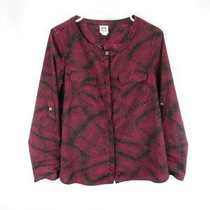ANNE KLEIN Women's Burgundy Print Long Sleeve Blouse Size S